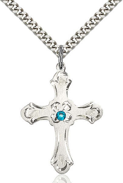 Budded Cross Pendant with Etched Border Birthstone Options - Zircon
