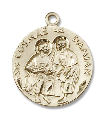 Men's Round Saints Cosmas &amp; Damian Medal - 14K Solid Gold
