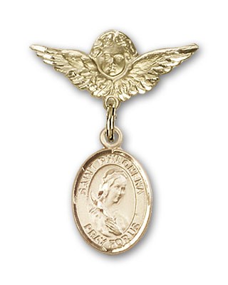 Pin Badge with St. Philomena Charm and Angel with Smaller Wings Badge Pin - Gold Tone