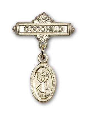 Pin Badge with St. Christopher Charm and Godchild Badge Pin - 14K Solid Gold