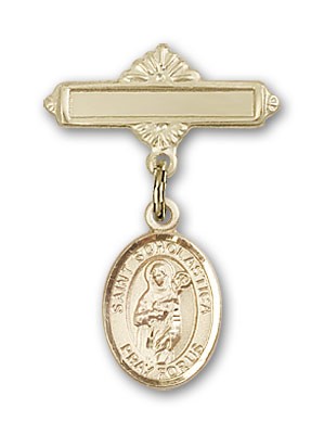 Pin Badge with St. Scholastica Charm and Polished Engravable Badge Pin - Gold Tone