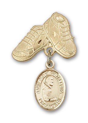 Pin Badge with St. Pio of Pietrelcina Charm and Baby Boots Pin - 14K Solid Gold