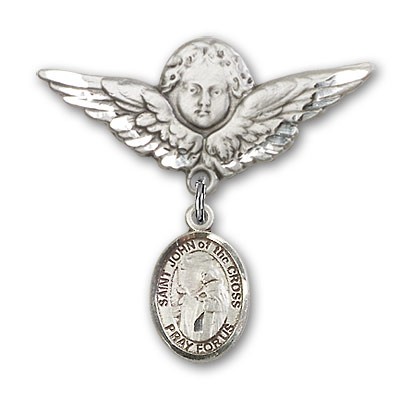 Pin Badge with St. John of the Cross Charm and Angel with Larger Wings Badge Pin - Silver tone