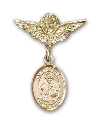 Pin Badge with St. Albert the Great Charm and Angel with Smaller Wings Badge Pin - Gold Tone