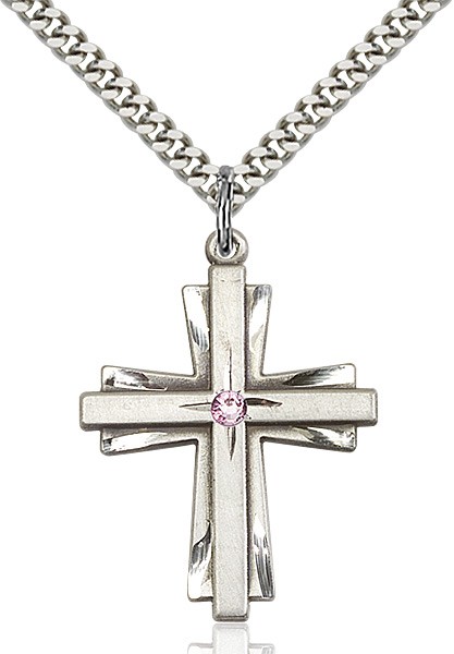 Large Women's Cross on Cross Pendant with Birthstone Options - Light Amethyst
