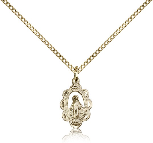 Open-Cut Miraculous Medal Necklace with Scalloped Border - 14KT Gold Filled