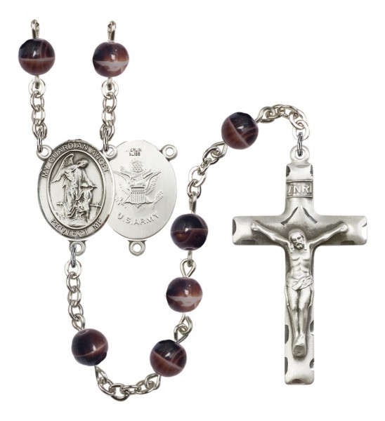 Men's Guardian Angel Army Silver Plated Rosary - Brown