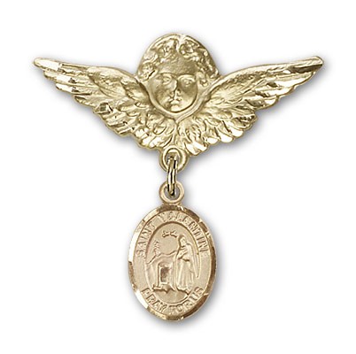 Pin Badge with St. Valentine of Rome Charm and Angel with Larger Wings Badge Pin - 14K Solid Gold