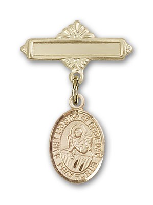 Pin Badge with St. Lidwina of Schiedam Charm and Polished Engravable Badge Pin - Gold Tone