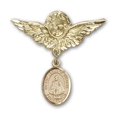 Pin Badge with Infant of Prague Charm and Angel with Larger Wings Badge Pin - Gold Tone
