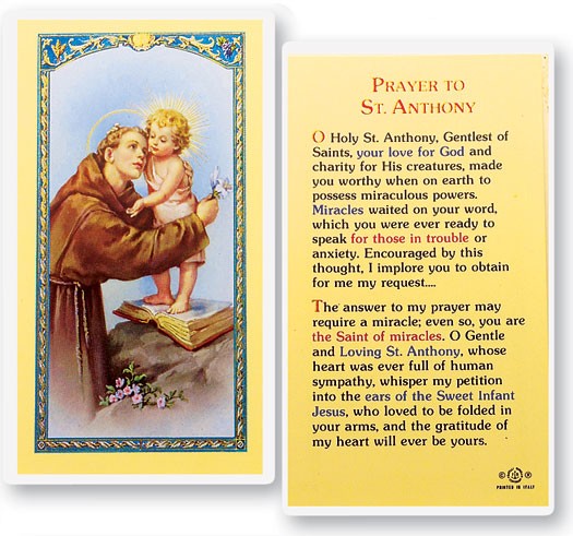 Prayer To St. Anthony Laminated Prayer Card - 25 Cards Per Pack .80 per card