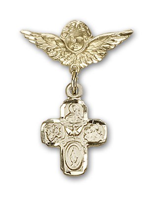 Pin Badge with 4-Way Charm and Angel with Smaller Wings Badge Pin - Gold Tone