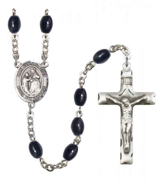 Men's San Juan de Dios Silver Plated Rosary - Black Oval