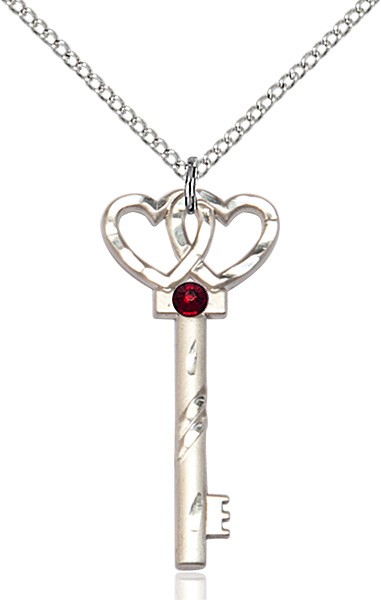Small Key with Double Heart Pendant and Birthstone - Garnet