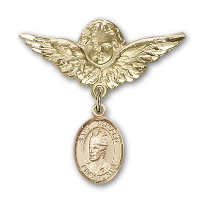 Pin Badge with St. Edward the Confessor Charm and Angel with Larger Wings Badge Pin - Gold Tone