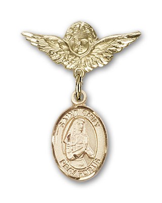 Pin Badge with St. Emily de Vialar Charm and Angel with Smaller Wings Badge Pin - 14K Solid Gold