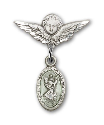 Pin Badge with St. Christopher Charm and Angel with Smaller Wings Badge Pin - Sterling Silver | Blue Enamel