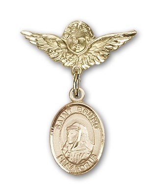 Pin Badge with St. Bruno Charm and Angel with Smaller Wings Badge Pin - Gold Tone