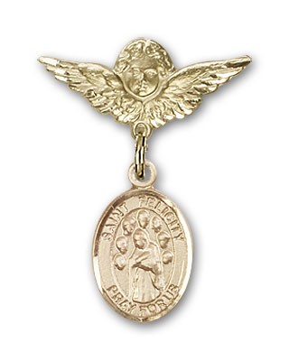 Pin Badge with St. Felicity Charm and Angel with Smaller Wings Badge Pin - 14K Solid Gold
