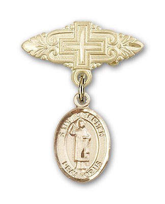 Pin Badge with St. Stephen the Martyr Charm and Badge Pin with Cross - 14K Solid Gold