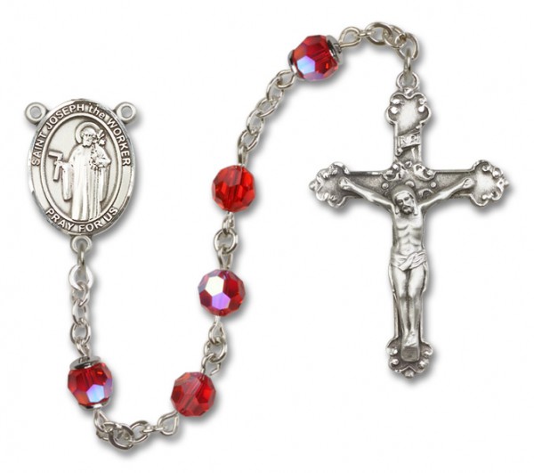 St. Joseph the Worker Sterling Silver Heirloom Rosary Fancy Crucifix - Ruby Red