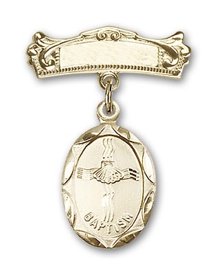 Baby Pin with Baptism Charm and Arched Polished Engravable Badge Pin - Gold Tone