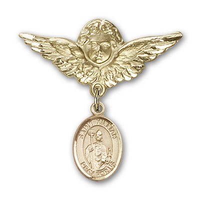 Pin Badge with St. Kilian Charm and Angel with Larger Wings Badge Pin - 14K Solid Gold