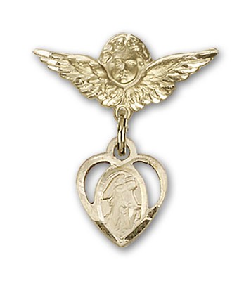 Pin Badge with Guardian Angel Charm and Angel with Smaller Wings Badge Pin - 14K Solid Gold