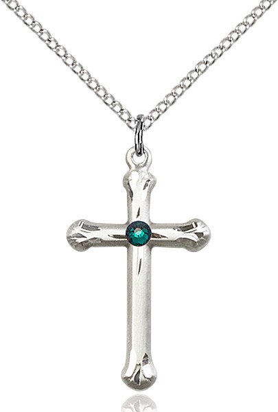 Teardrop Edge Cross Pendant with Birthstone Options - Emerald Green