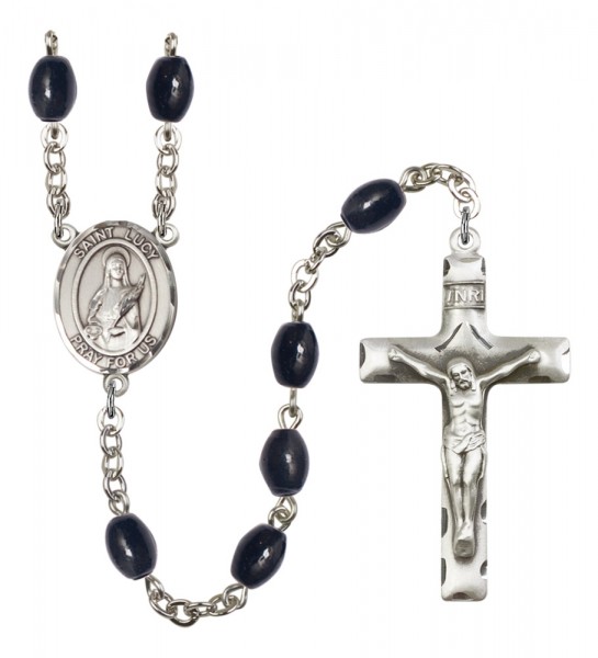 Men's St. Lucy Silver Plated Rosary - Black Oval