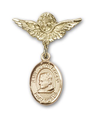 Pin Badge with St. John Bosco Charm and Angel with Smaller Wings Badge Pin - 14K Solid Gold