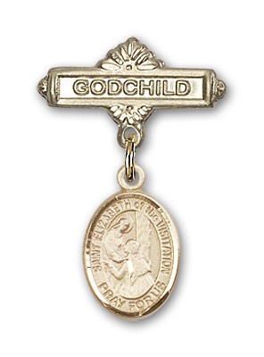 Pin Badge with St. Elizabeth of the Visitation Charm and Godchild Badge Pin - 14K Solid Gold