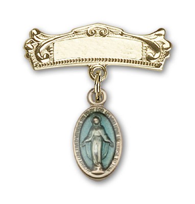 Pin Badge with Blue Miraculous Charm and Arched Polished Engravable Badge Pin - 14KT Gold Filled