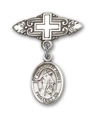 Pin Badge with Guardian Angel Charm and Badge Pin with Cross - Silver tone