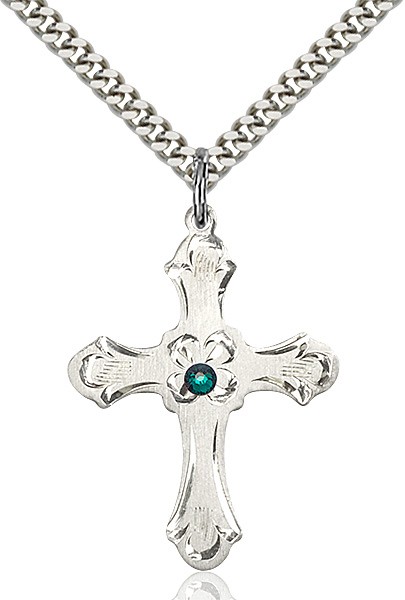 Budded Cross Pendant with Etched Border Birthstone Options - Emerald Green