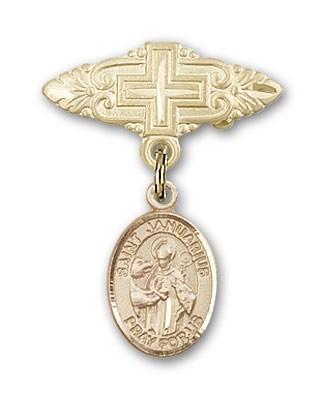 Pin Badge with St. Januarius Charm and Badge Pin with Cross - Gold Tone