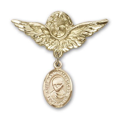 Pin Badge with St. Maximilian Kolbe Charm and Angel with Larger Wings Badge Pin - Gold Tone