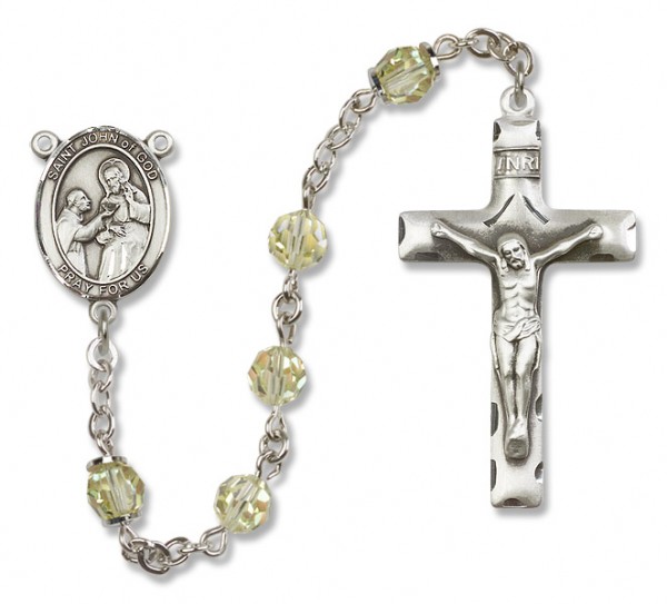 St. John of God Sterling Silver Heirloom Rosary Squared Crucifix - Zircon