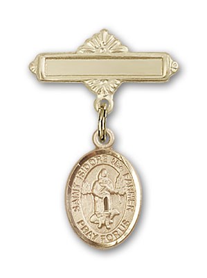 Pin Badge with St. Isidore the Farmer Charm and Polished Engravable Badge Pin - 14K Solid Gold
