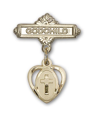 Baby Badge with Heart Shaped Cross Charm and Godchild Badge Pin - Gold Tone