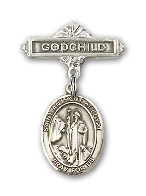 Pin Badge with St. Anthony of Egypt Charm and Godchild Badge Pin - Silver tone
