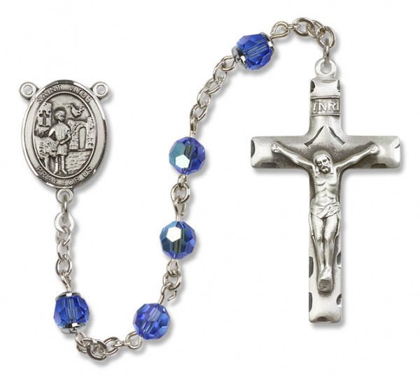 St. Vitus Sterling Silver Heirloom Rosary Squared Crucifix - Sapphire