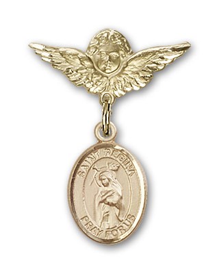 Pin Badge with St. Regina Charm and Angel with Smaller Wings Badge Pin - 14K Solid Gold