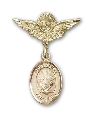 Pin Badge with Holy Spirit Charm and Angel with Smaller Wings Badge Pin - 14K Solid Gold