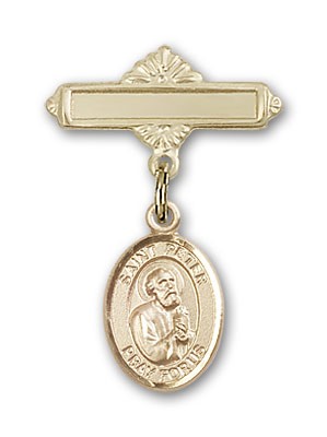 Pin Badge with St. Peter the Apostle Charm and Polished Engravable Badge Pin - 14K Solid Gold