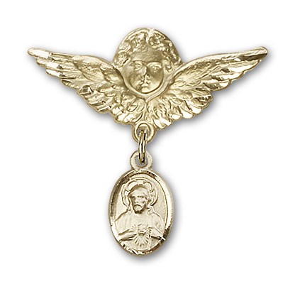Baby Pin with Scapular Charm and Angel with Larger Wings Badge Pin - 14K Solid Gold