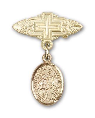 Pin Badge with Sts. Cosmas &amp; Damian Charm and Badge Pin with Cross - Gold Tone