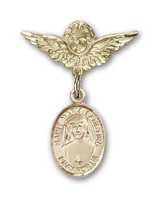 Pin Badge with St. Maria Faustina Charm and Angel with Smaller Wings Badge Pin - Gold Tone