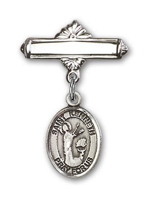 Pin Badge with St. Kenneth Charm and Polished Engravable Badge Pin - Silver tone