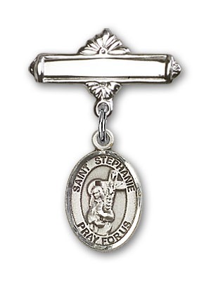 Pin Badge with St. Stephanie Charm and Polished Engravable Badge Pin - Silver tone